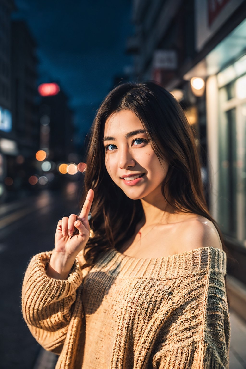film photo, low Resolution, street snap, subsurface scattering, Rembrandt lighting, details skin texture, look at far, Depth of field, city street background, lovely Japanese girl,Deep v sweater,short short,night, perfect finger,smile,silm finger,
