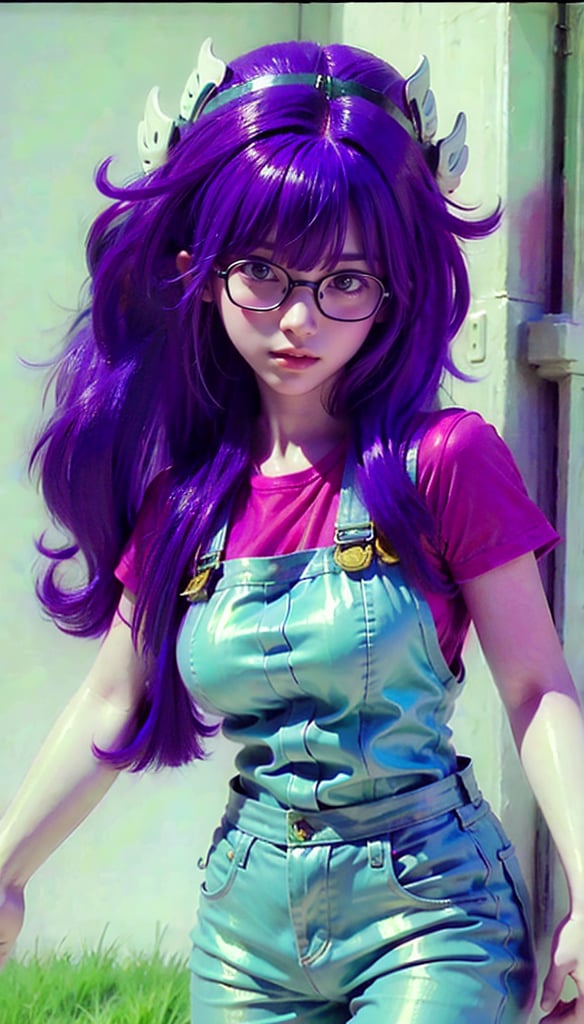 8k,(masterpiece:1.4)(best quality:1.4),(top quality), 1girl,glasses,blue eyes, long hair,purple hair, smiles,short sleeves, wing hat , red shirt,blue overalls, village, outdoors, looking at viewer, solo focus, (shiny skin) ,
