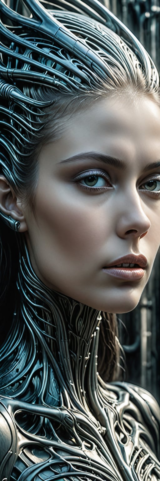 A unique blend of H. R. Giger, Artgerm and Beksinski, elegant young woman with a gentle yet imposing face, poster, female, hyper detailed, high contrast,masterpiece, beautiful face,  masterpiece,surreal,8K, HDR, abstract, pointed_ears,Illustration art piece,ultra high quality model, surrealism,,