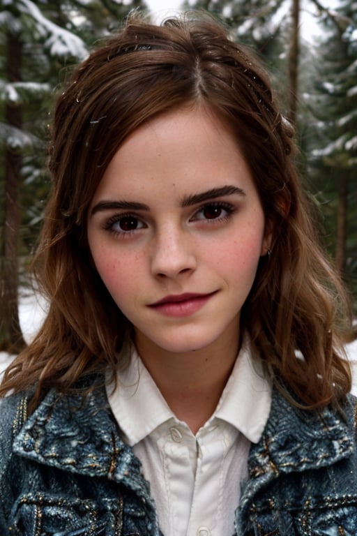 close up portrait photo of Emma Watson , wearing white jacket and blue jeans, winter clothing, snowy ambience, forest area covered in snow, cute smile, highly detailed, perfect lips, perfect eyes, perfect hands, looking at camera,  volumetric lighting, bokeh, shot on Nikon, 4K, RAW