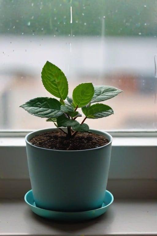 Photo of a plant in a plastic pot, placed near a window, cloudy day, diffused lighting, ( scattered dirt on window sill), bokah, shot on Canon, close up photography, 4K, RAW, Best quality, Indoor photography 