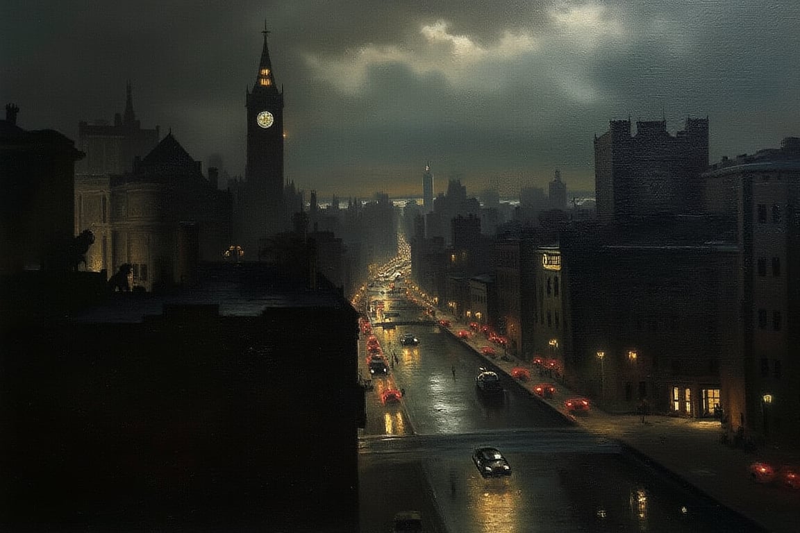 Oil painting of Gotham city, dark shades, oilpaint1