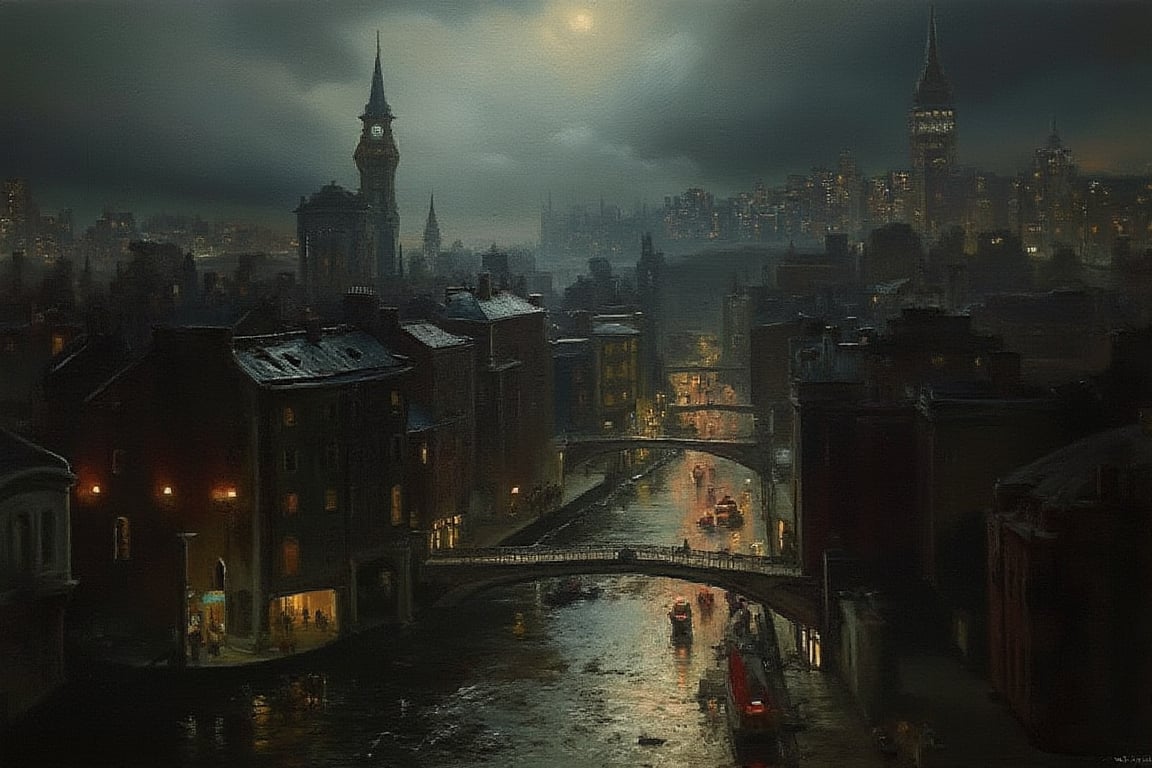 Oil painting of Gotham city, dark shades, oilpaint1