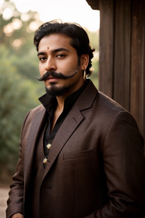 solo, 1boy, brown eyes, jewelry, male focus, earrings, dark skin, facial hair, dark-skinned male, beard, realistic, mustache, Indian traditional outfit, natural lighting, full sleeved, tradition background,  outdoor lighting