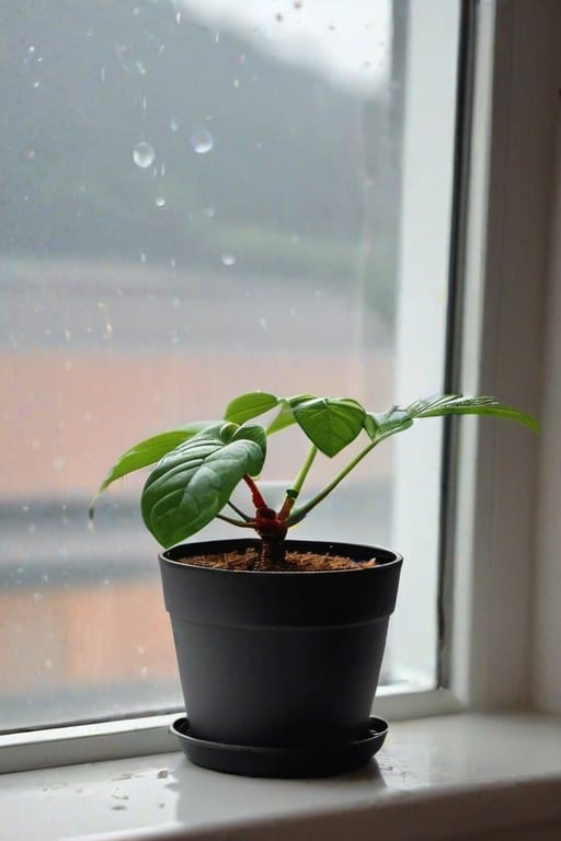 Photo of a plant in a plastic pot, placed near a window, cloudy day, diffused lighting, ( scattered dirt on window sill), bokah, shot on Canon, close up photography, 4K, RAW, Best quality, Indoor photography 