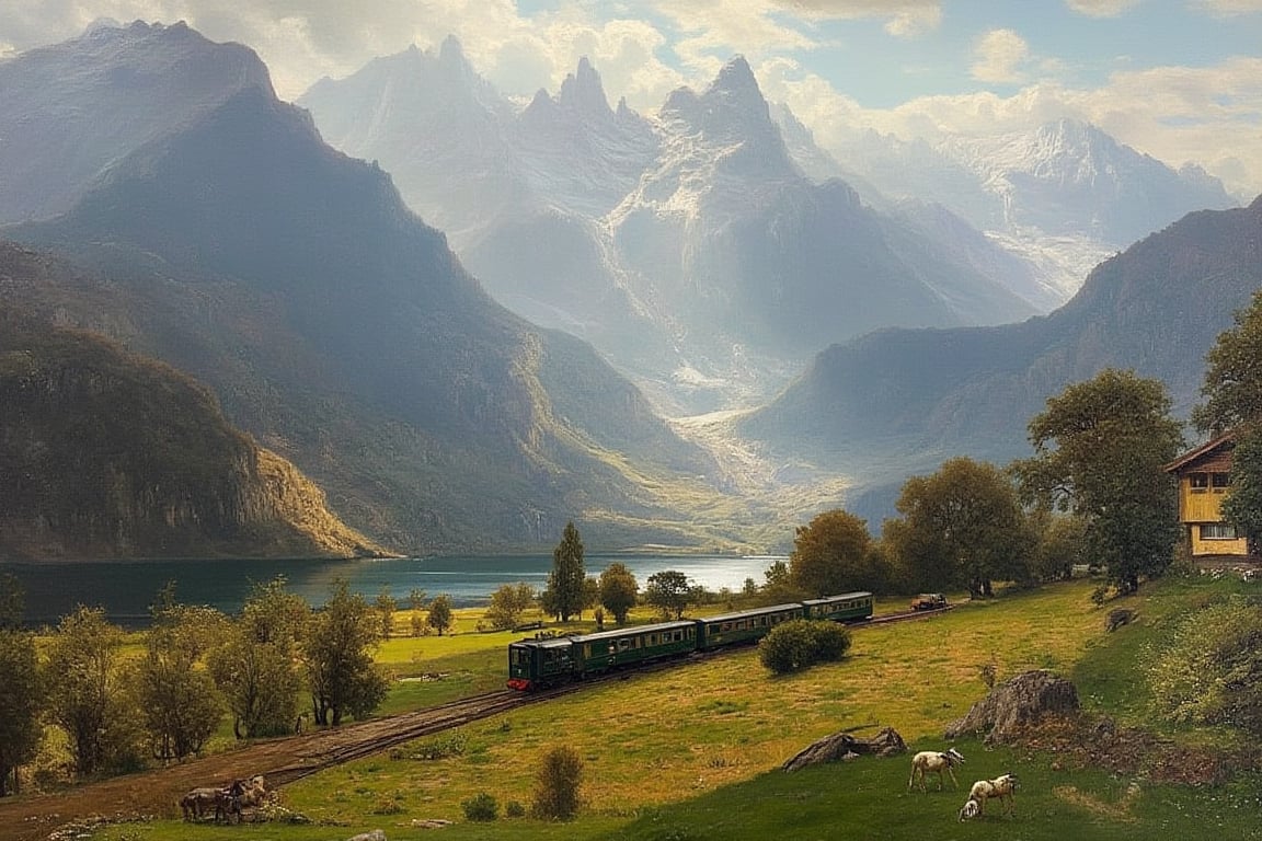 Oil Painting of a scenery in Switzerland, a train visible, oilpaint1