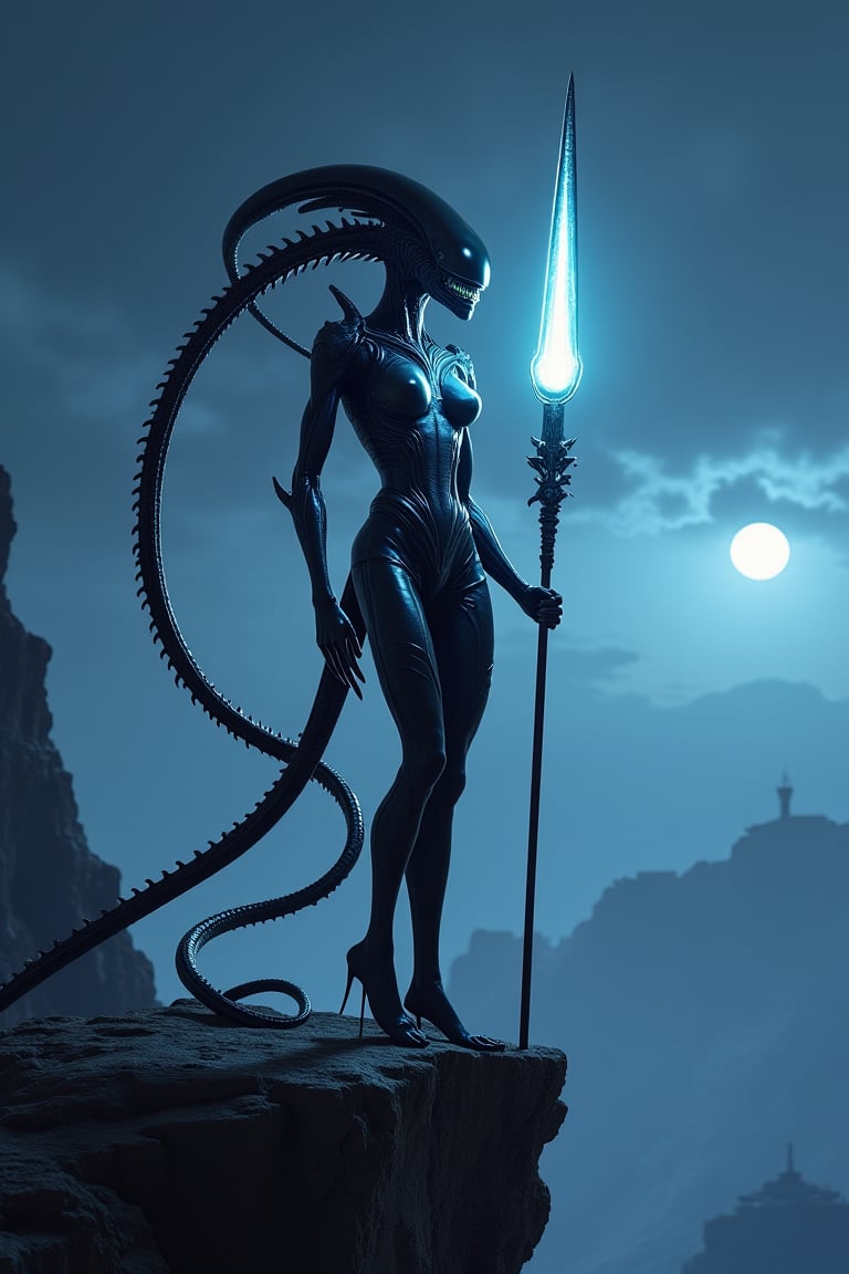 ultrarealistic extremely tall model pretty and sexy vantablack female xenomorph alien wearing a goddessr outfit while standing on a cliff edge on a mysterious unique color extremelyrealistic planet at night,realistic  long spear glowing at the tip,show teeth