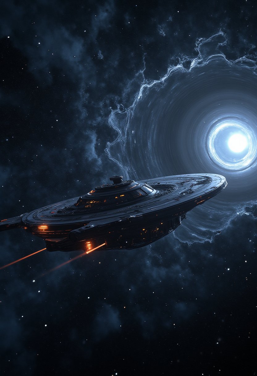 ultrarealistic ufo starship fleet entering realistic black hole vortex8k resolution,sharp focus,