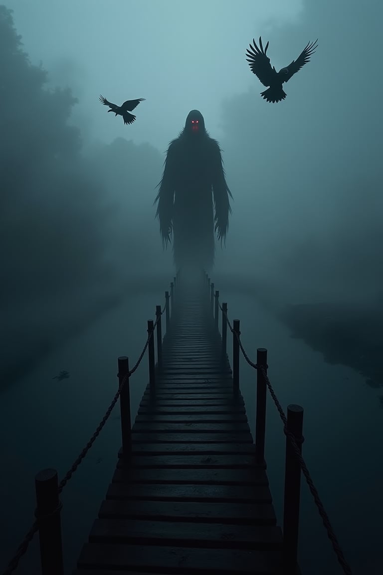 extremely realistic black wooden and rope path way high over a canyan into heavy fog with extremelyrealistic tall monster red eyes faintly ,very dark skies,myserious aura,elevated high in the air,red eyes in the fog,realistic black ravens flying