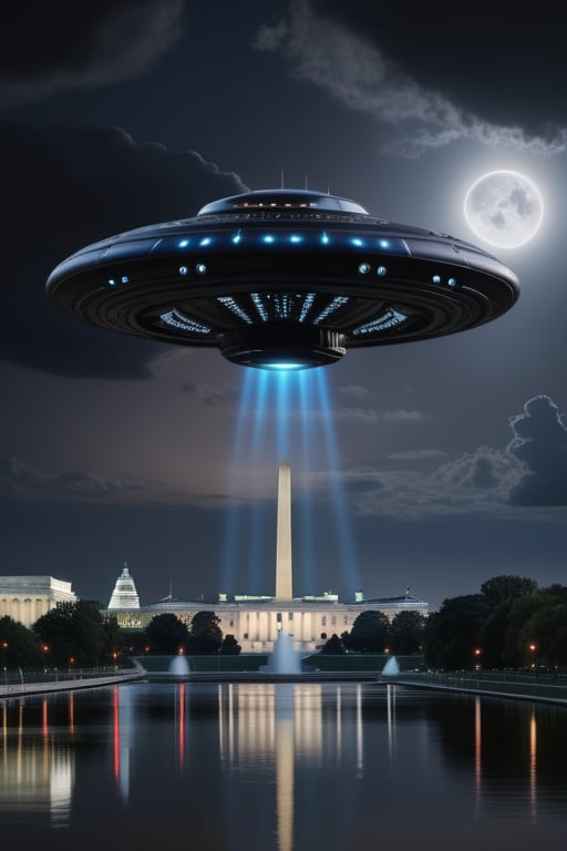 8k photo realistic sheet black alien material ufo starship flying over washington dc in the evening,realistic,night,8k resolution,sci fi theme,detailed lights,nighttime,detailed full moon,supreme quality,evening time very dark