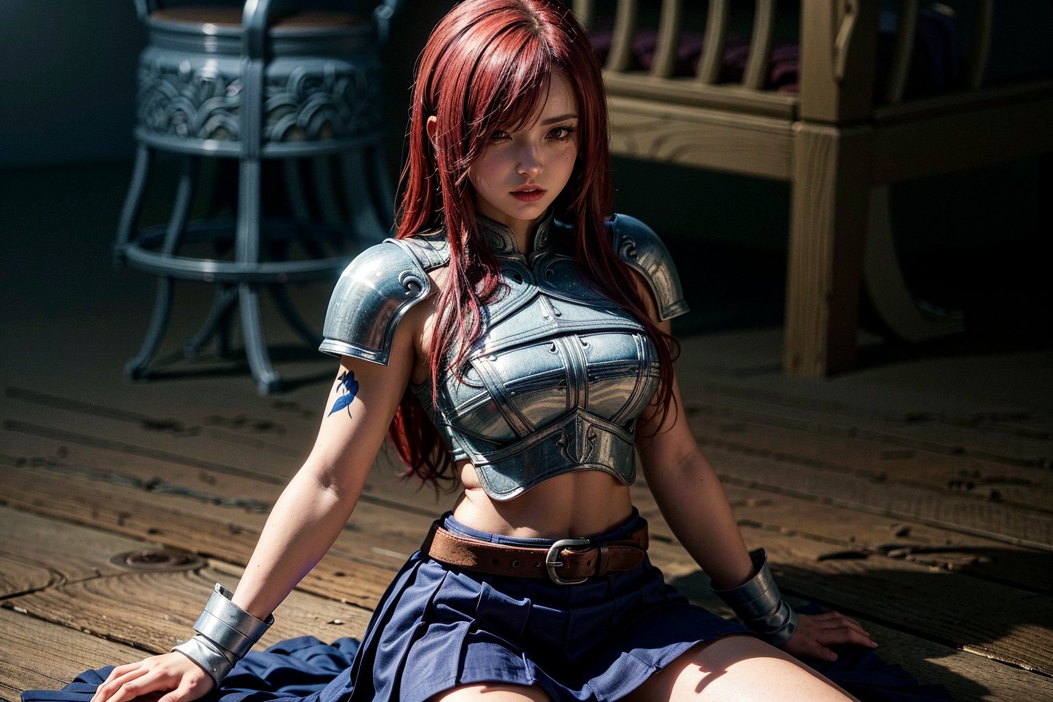  1girl, solo, Erza_FT, brown eyes, hair over one eye, ((Erza Scarlet)), armored, tattoo, fairy tail tattoo, curvy_figure, perfect eyes, masterpiece, best quality, 4K, HDR, cinematic lighting, Erza_FT, long hair, red hair, shoulder armor, gauntlets, sitting pose, breastplate, armored dress,belt, pleated skirt, blue skirt