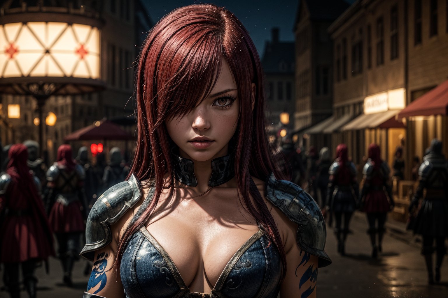  1girl, solo, Erza_FT, brown eyes, hair over one eye, ((Erza Scarlet)), armored, tattoo, fairy tail tattoo, curvy_figure, perfect eyes, masterpiece, best quality, 4K, HDR, cinematic lighting, Erza_FT