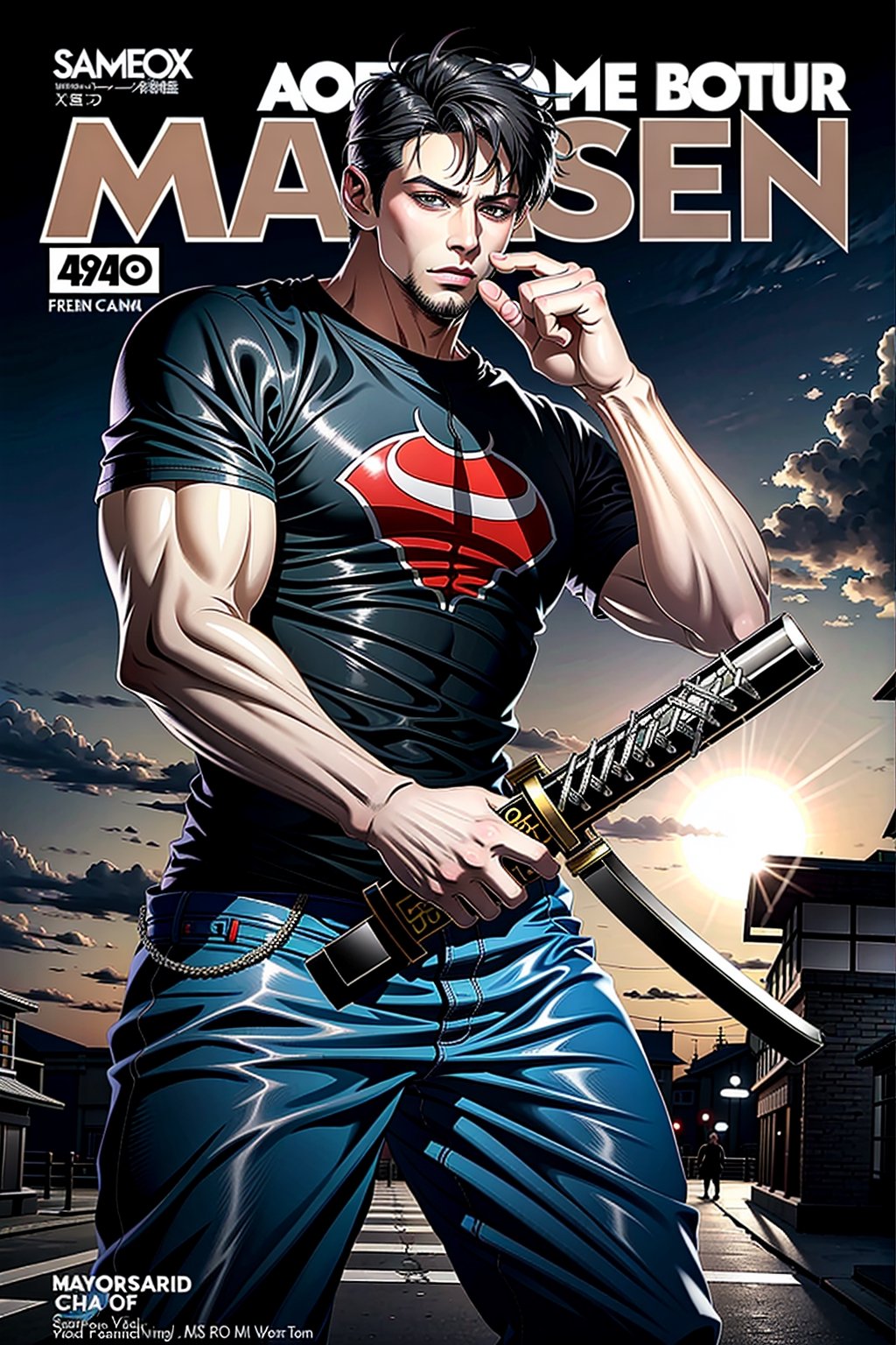 highly detailed, high quality, masterpiece, comic, medium short shot, man, samurai, bruce wayne, muscular, black hair, black t-shirt, military pans, katana, wine color background