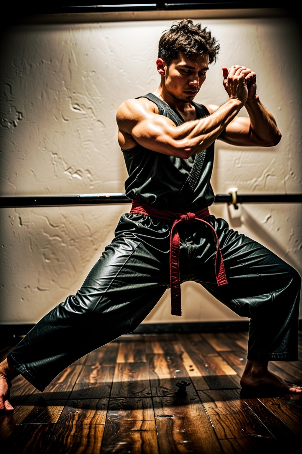 "Generate an image of a slightly muscular man immersed in martial arts training, his hands katana. Capture the dynamic moment as he seamlessly blends his martial prowess, creating an impressive and captivating scene." 1 man,, 