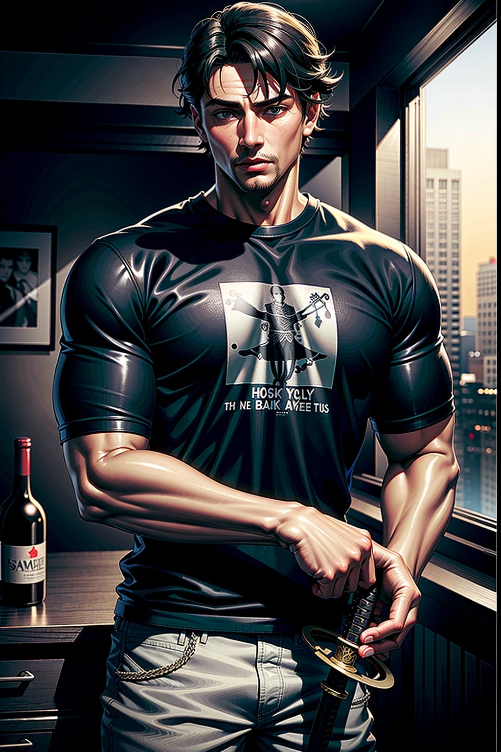 highly detailed, high quality, masterpiece, comic, medium short shot, man, samurai, bruce wayne, muscular, black hair, black t-shirt, military pans, katana, wine color background