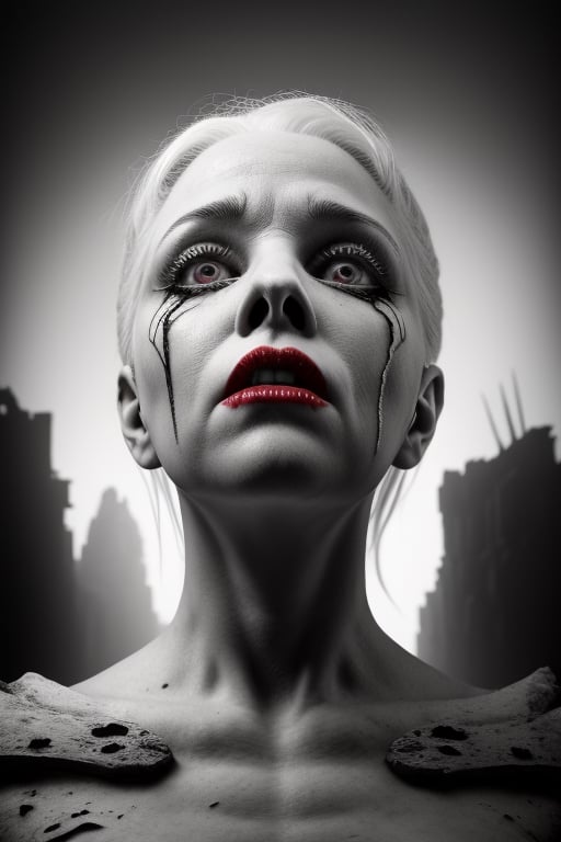 Cinematic still (unknown ruined city), an albino woman with white hair and red eyes (detailed face, detailed skin texture), she is muscular, wearing a torn dress, exploring ruins of an unknown city, gothic artwork,  Cinematic Still from Dark Fantasy Movie, Dark Fantasy Artwork, Gothic Architectural Style, extremely Detailed,  Expansive, Trending on Artstation, Cinematic Lightning, Volumetric Lightning, Hyperrealistic, Artstation HQ, Timeless Artwork, Vivid, 4k Resolution, Emerging, Ultra Sharp