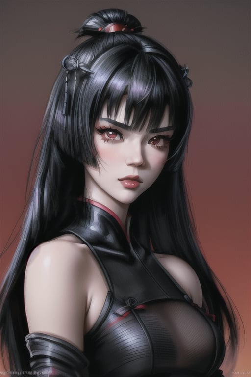 an anime woman with long black hair (straight), expressive red eyes, light skin (detailed face, detailed skin texture), small black demon horns on her head, wearing a long black Chinese dress with red ornaments, extremely detailed, portrait of anime ((  (woman))) cute-fine face, black hair, pretty face, realistically shaded perfect face, fine details.  anime.  Game of Thrones Realistic Shaded Lighting by Ilya Kuvshinov Ghost-in-the-Shell, Artgerm, Rutkowski, Wlop Jeremy Lipkin and Michael Garmash and Rob Rey