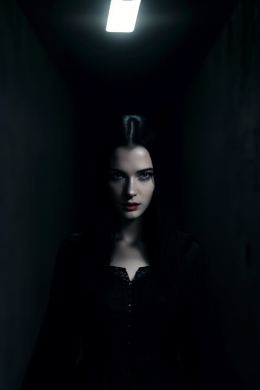 Cinematic still (dark run-down hallway), a tall woman with a pale face (detailed face, detailed skin texture), bright blue eyes, long black hair, long torn dress, stares at viewer, Cinematic Still from Dark Fantasy Movie, Gothic artwork, conceptual art Suzanne Gildert, diffused light,  dark atmosphere, extremely detailed, trending on Artstation, Cinematic Lightning, Artstation HQ, volumetric lightning, expansive hyper-realistic, vivid, Timless Artwork, premium, Breathtaking, ultra-sharp, stunningly, sharp focus 