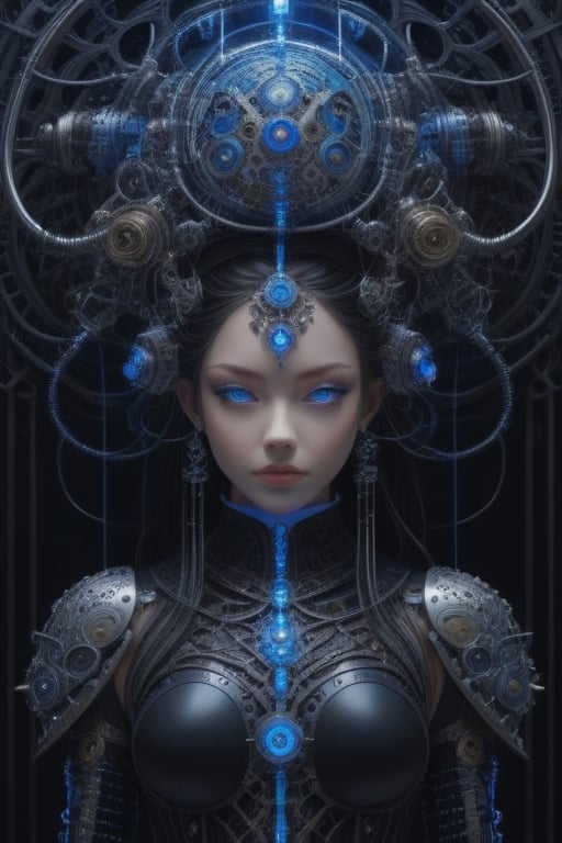 A stunning bio android with a symmetrical face and piercing blue eyes stands confidently in the center of a dark and mysterious room filled with intricate bio-mechanical machines. The android's body is elegantly adorned with cables, seamlessly connecting her to the machines in a mesmerizing HR Giger-inspired style. This exquisite concept artwork, created by the talented Katsuya Terada, showcases a captivating blend of Gothic aesthetics and futuristic technology. The lighting is atmospheric, casting subtle shadows that add depth and intrigue to the scene. Perfect for fans of Suzanne Gildert's surreal paintings. 4k resolution.