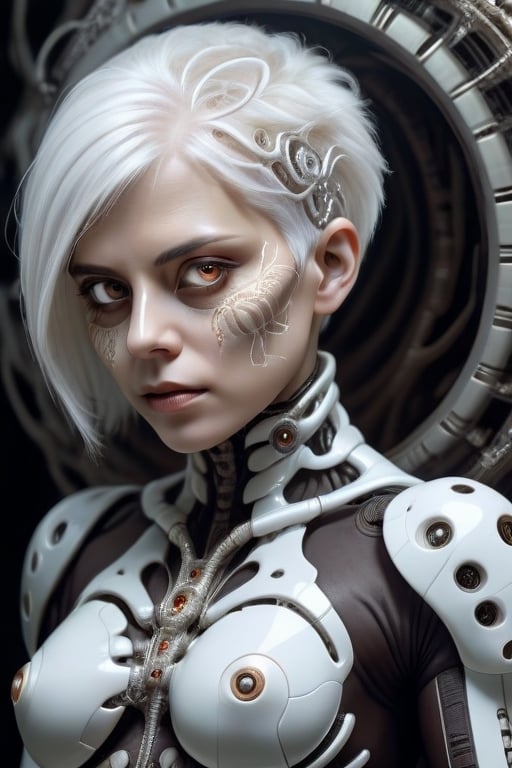 A highly detailed digital painting of a woman with short white hair, brown eyes, wearing intricate organic armor and a half mask. The artwork should have a biopunk aesthetic with a dystopian atmosphere, showcasing genetic mutations in an organic environment. The lighting should be diffused, adding depth and ambiance to the scene. Inspired by the works of artists like H.R. Giger and Simon Stålenhag. Resolution: 4k.  