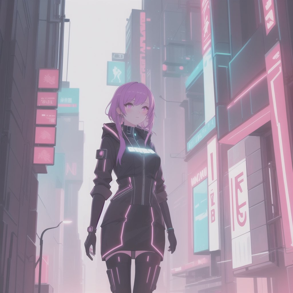 a beautiful mysterious cyber punk girl in a futuristic city with neon lights, perfect composition, 2D, 8K, intricate detail, masterpiece
