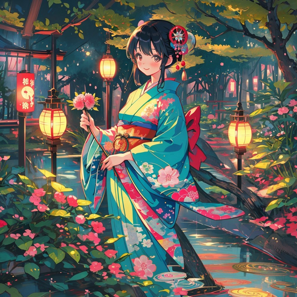 beautiful kawaii vintage japanese girl wearing a kimono in a magical enchanted surreal garden, perfect composition, 2D, 8K, intricate detail, masterpiece