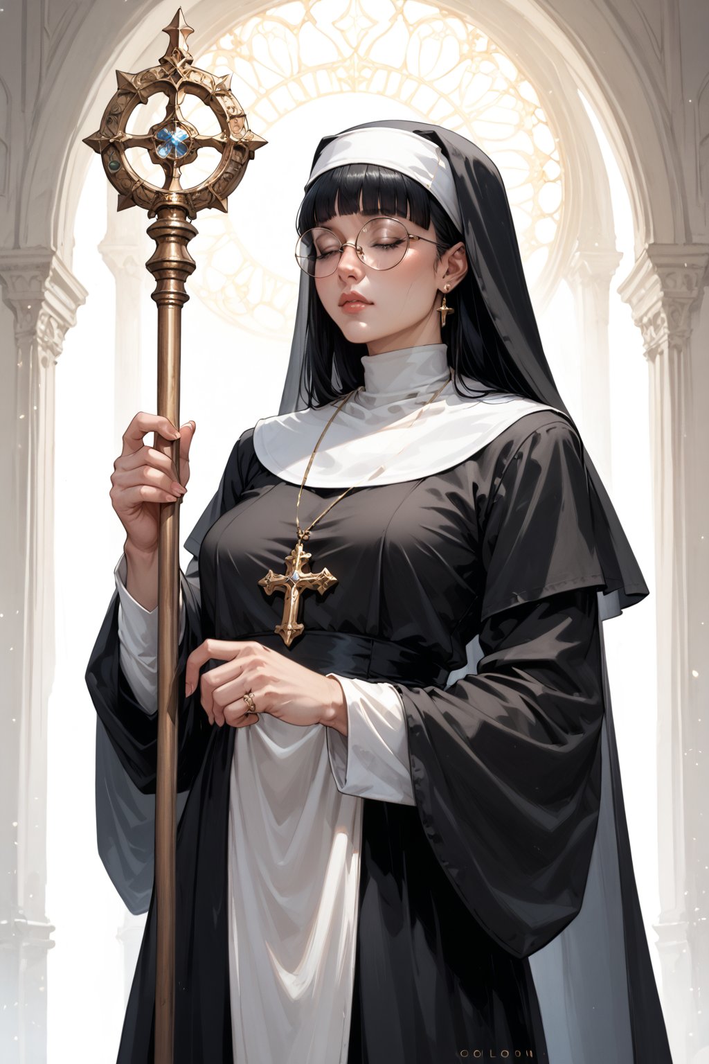 score_9,score_8_up,score_7_up,rating_explicit, (female, black haired, big round glasses, holding a staff, koling, hime cut, nun outfit, eyes closed, celestial light, gold detail, astral