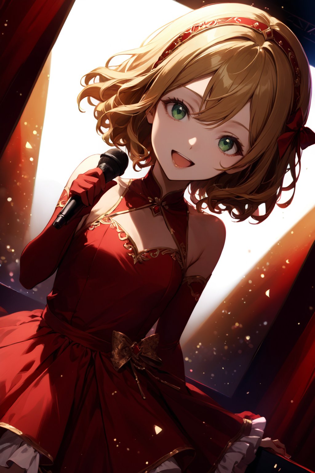 score_9_up, score_8_up, score_7_up,  1girl, solo, dutch angle, idol concert, singing on stage, microphone, smile, looking at viewer, open mouth, red theme, live theater, large television, light particles,  skrimmk, short hair, blonde hair, wavy hair, hairband, hair flower, bangs, hair between eyes, green eyes, flat chest, red dress, frilled dress, gold embroidery, elbow gloves, jewelry,csr style