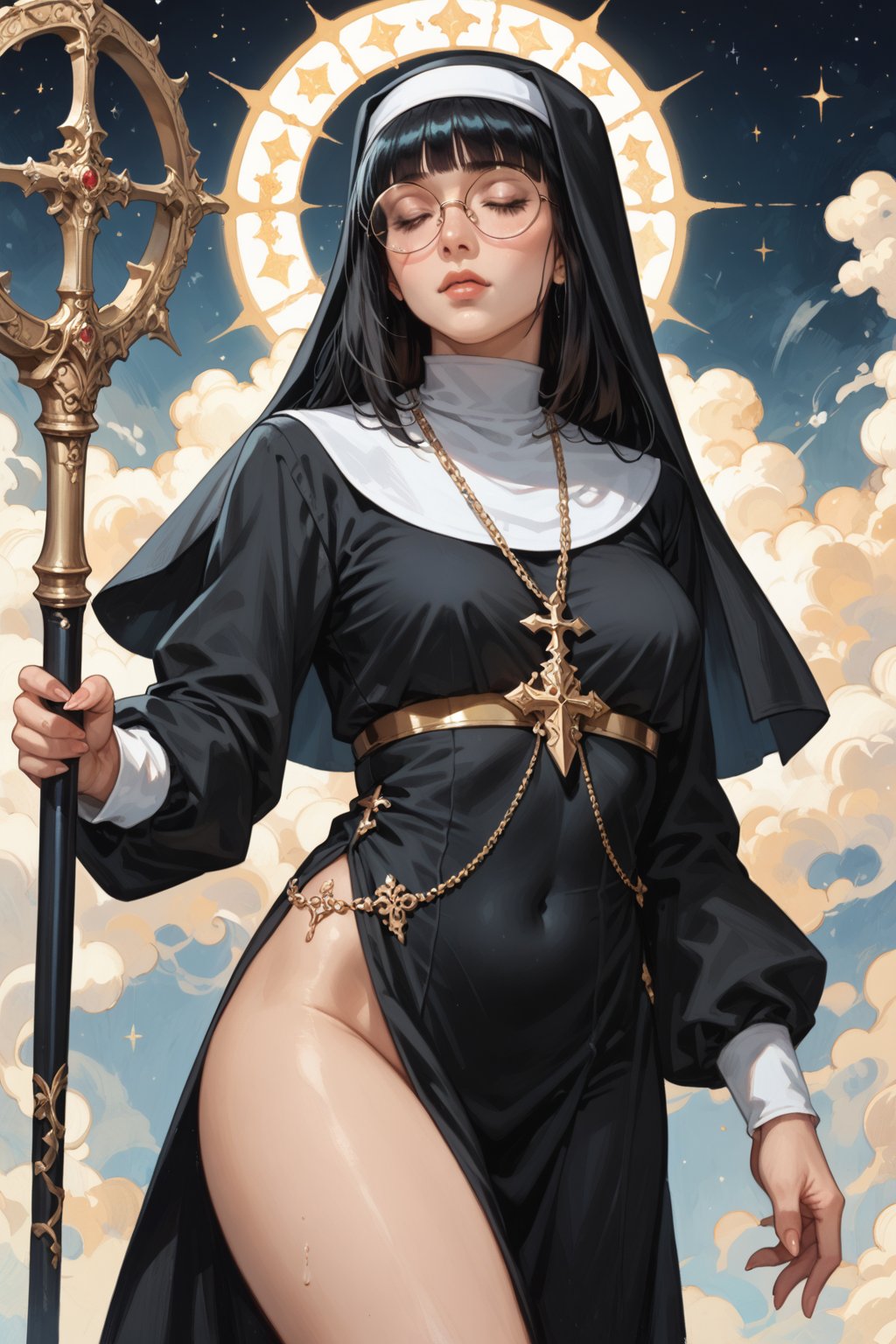 score_9,score_8_up,score_7_up,rating_explicit, (female, black haired, big round glasses, greatsword in front of body, koling, hime cut, nun outfit, eyes closed, celestial light, gold detail, astral