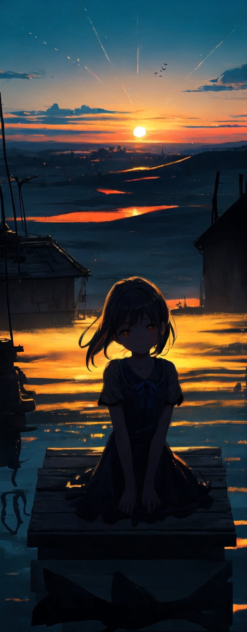 1 little girl, solo, medium hair, summer clothes, hands looking at the horizon, calm, melancholic and relaxing atmosphere, many types of fish in the background, many small fantastic creatures, main color: blue, orange, sunset view, masterpiece quality, detailed shadow effect, apocalyptic location, shadow effect silhouette and artistic., High level of detail
