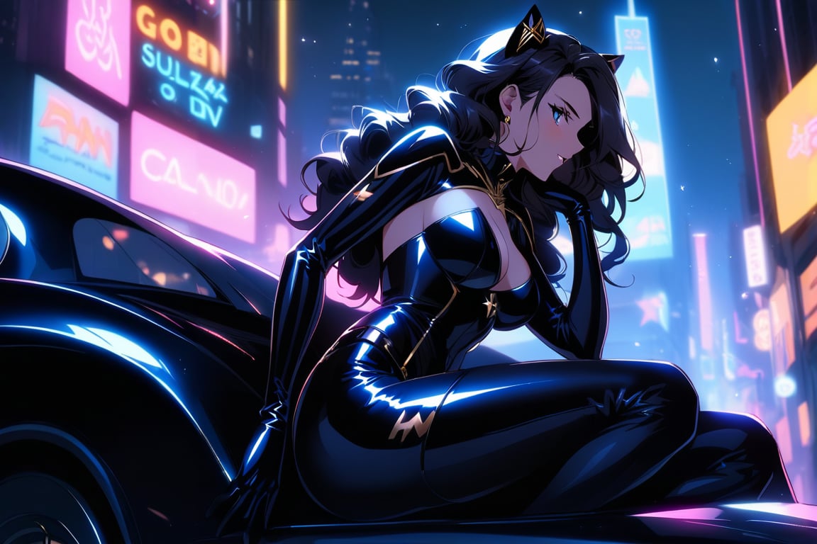 A sultry Catwoman sprawls languidly across the sleek, metallic hood of the Batmobile, her curves and contours showcased against the dark, matte finish. Her eyes gleam with mischief as she gazes up at the night sky, her raven tresses cascading down her back like a waterfall of darkness. The city's neon lights dance in the background, casting a sultry glow on her porcelain skin.