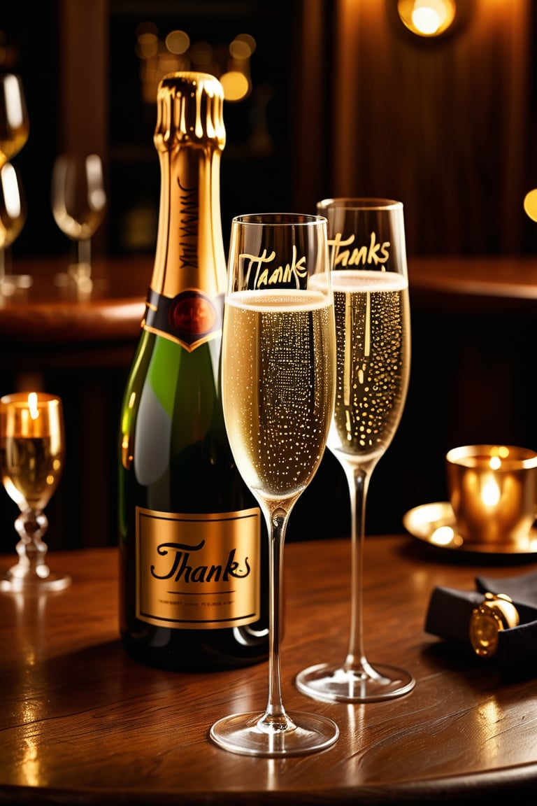 A golden-hued bottle of Champagne sits elegantly between two flutes on a richly grained wooden table, amidst the warm ambiance of a cozy bar. Soft lighting casts a gentle glow, illuminating the delicate curves of the glasses and the subtle condensation droplets on the bottle's surface. The text ((('Thanks for 1K'))) appears in bold, modern script across the top third of the frame, adding a touch of whimsy to the otherwise sophisticated scene.