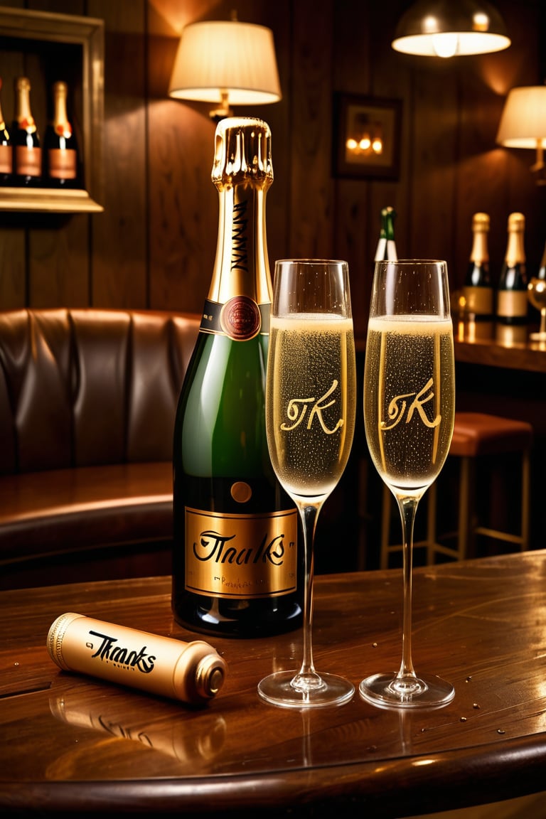 A golden-hued bottle of Champagne sits elegantly between two flutes on a richly grained wooden table, amidst the warm ambiance of a cozy bar. Soft lighting casts a gentle glow, illuminating the delicate curves of the glasses and the subtle condensation droplets on the bottle's surface. The text ((('Thanks for 1K'))) appears in bold, modern script across the top third of the frame, adding a touch of whimsy to the otherwise sophisticated scene.