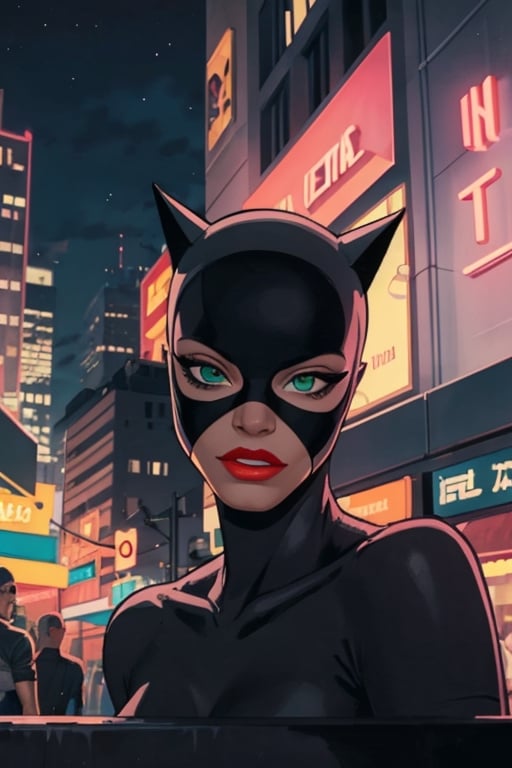 Catwoman, mask, green eyes, Pink lipstick, ultra-detailed art illustration, night city, 