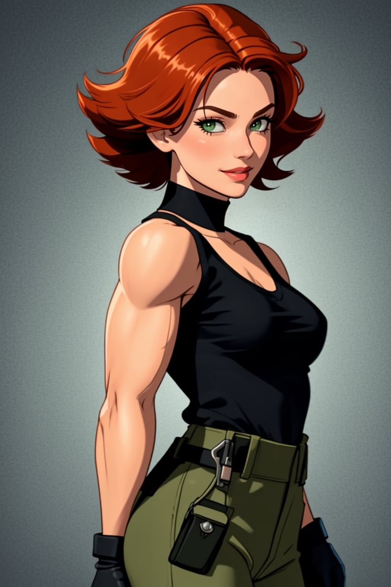 A photo of a beautiful young woman. She wears a black tight tank top, a belt, green pants, fingerless gloves, furrowed brow, smile, (((looking at viewer))), military complex, she has (((muscular body))), tanned skin, medium rounded breast, small rounded ass, skinny thighs. She has a beautiful cute face, long eyelashes, busty lips, big green eyes, small nose, narrow jaw, (((ginger hair))), medium length hair, (masterpiece, best quality, ultra detailed, 8k, intricate details),meryl,black tank top,belt,High detailed ,fingerless gloves,boots,<lora:659111690174031528:1.0>