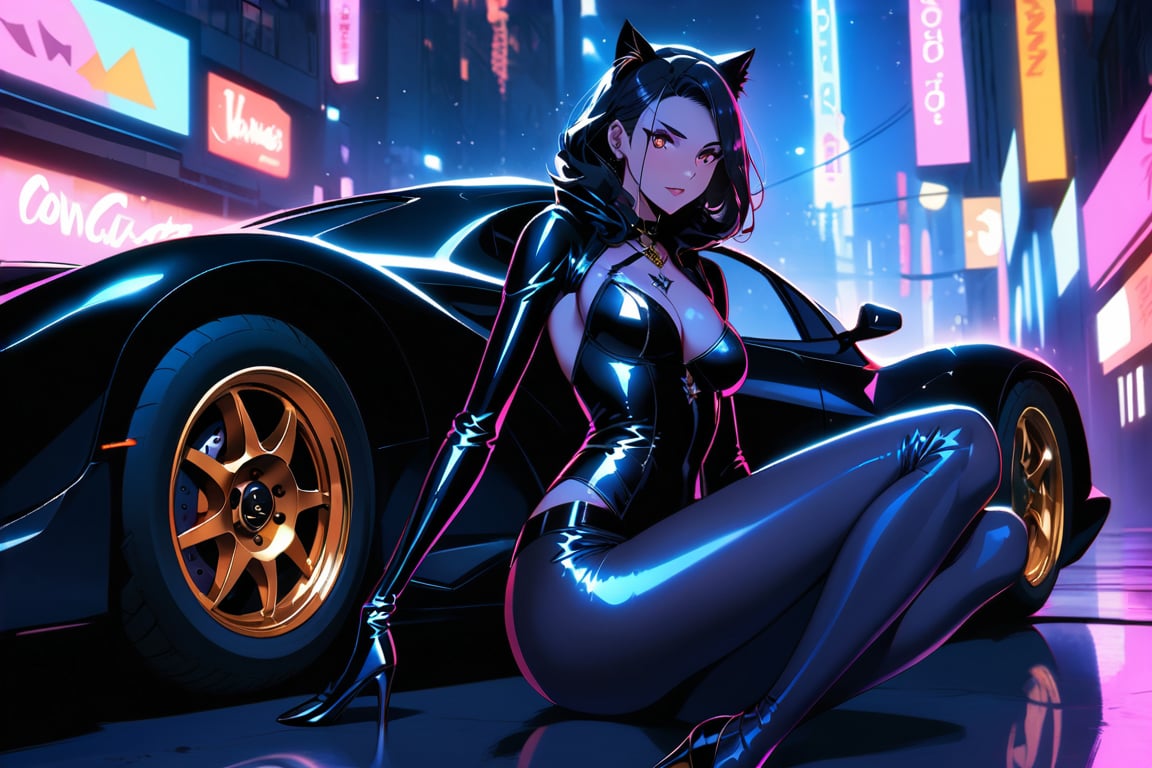 A sultry Catwoman sprawls languidly across the sleek, metallic hood of the Batmobile, her curves and contours showcased against the dark, matte finish. Her eyes gleam with mischief as she gazes up at the night sky, her raven tresses cascading down her back like a waterfall of darkness. The city's neon lights dance in the background, casting a sultry glow on her porcelain skin.