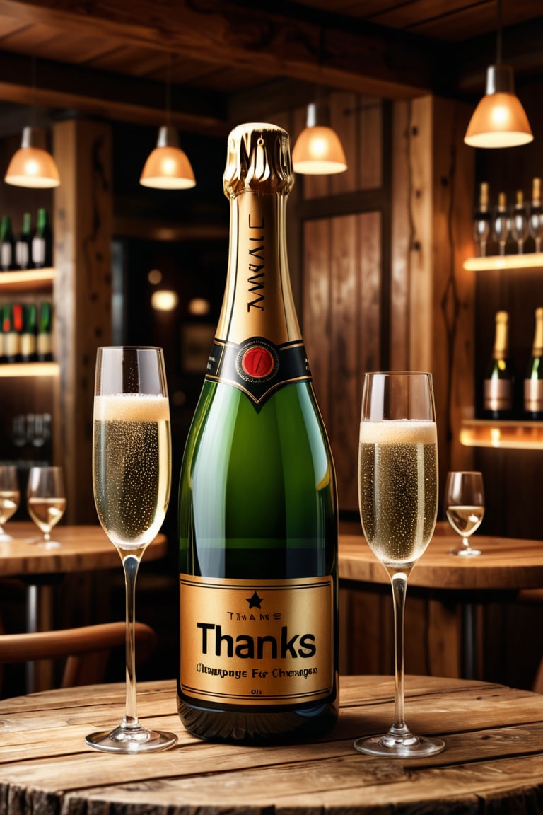 A photorealistic image of a bottle of Champagne with two glass on a wooden table in a cozy bar and the Text 'Thanks for 1K',Text