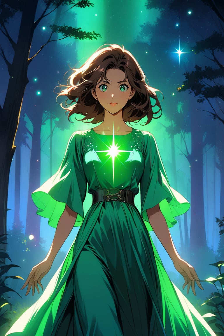 A young girl, her eyes wide open in wonder, wears an emerald green dress that blends in with the surrounding forest. Her brown hair, moved by the wind, frames a delicate and determined face.
A luminous sphere of energy emanates from her open hands. The sphere emits an intense glow, illuminating the scene and casting suggestive shadows on the surrounding trees.
In the background, a nocturnal forest, wrapped in a magical atmosphere. The trees, tall and majestic, stand out against a starry sky. Small fireflies dance among the branches,
The image must convey a sense of wonder, discovery and power. The colors should be bright and saturated, with a predominance of greens, blues and purples. The lights and shadows must create a suggestive contrast, emphasizing the magic of the scene.
A Disney cartoon from the 80s, with clean lines and bright colors. The image must have a soft and dreamy look, with a touch of romance inspired by the style of the cartoon "Robin Hood".