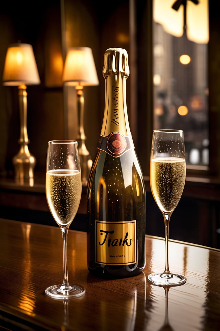 A golden-hued bottle of Champagne sits elegantly between two flutes on a richly grained wooden table, amidst the warm ambiance of a cozy bar. Soft lighting casts a gentle glow, illuminating the delicate curves of the glasses and the subtle condensation droplets on the bottle's surface. The text ((('Thanks for 1K Likes'))) appears in bold, modern script across the top third of the frame, adding a touch of whimsy to the otherwise sophisticated scene.