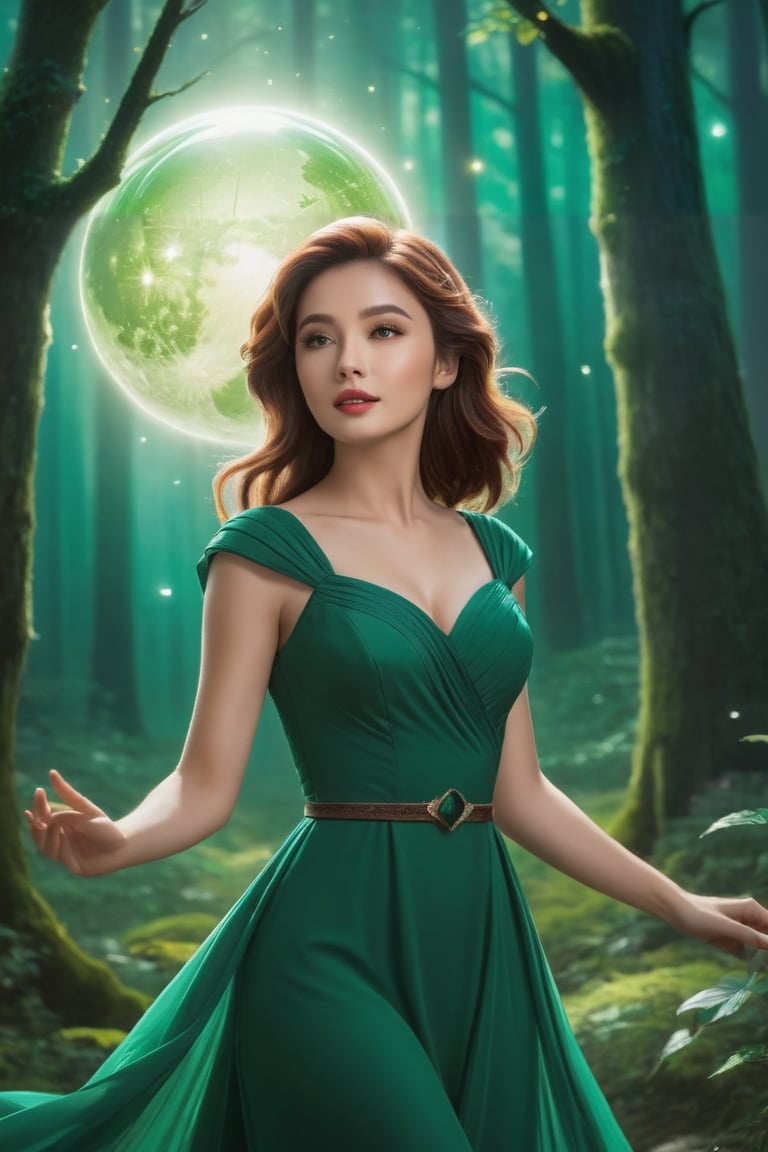 A young girl, her eyes wide open in wonder, wears an emerald green dress that blends in with the surrounding forest. Her brown hair, moved by the wind, frames a delicate and determined face.
A luminous sphere of energy emanates from her open hands. The sphere emits an intense glow, illuminating the scene and casting suggestive shadows on the surrounding trees.
In the background, a nocturnal forest, wrapped in a magical atmosphere. The trees, tall and majestic, stand out against a starry sky. Small fireflies dance among the branches,
The image must convey a sense of wonder, discovery and power. The colors should be bright and saturated, with a predominance of greens, blues and purples. The lights and shadows must create a suggestive contrast, emphasizing the magic of the scene.
A Disney cartoon from the 80s, with clean lines and bright colors. The image must have a soft and dreamy look, with a touch of romance inspired by the style of the cartoon "Robin Hood".