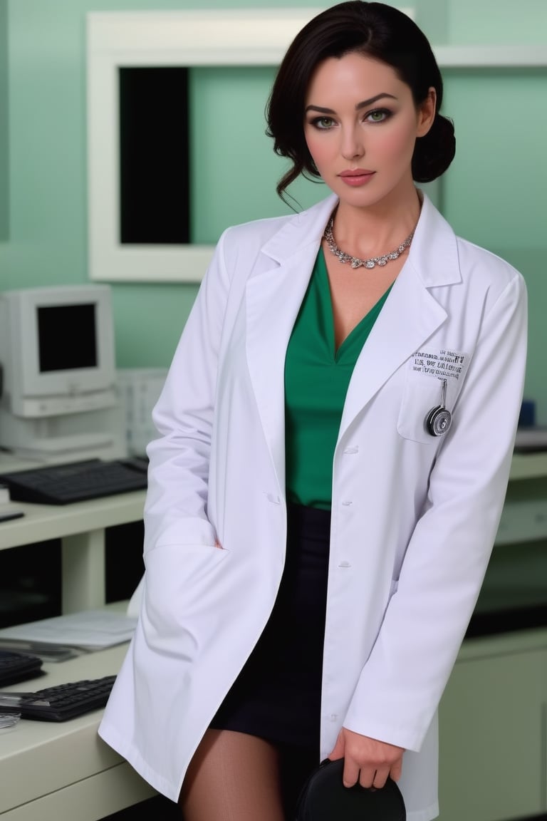 (((A masterpiece))), (((a glamourous photograph))) of Monica Bellucci dressed as a doctor in a medical lab, black_hair, hair_bun, green_eyes, makeup, long_eyelashes, (((white_lab_coat))), (((black_blouse))), (((plunging_neckline))), (((open_blouse))), big_breast, (((no_bra))), braless, (((small_necklace))), black_miniskirt, nylon_stockings, low-heeled_shoes, clipboard, badge, pen in lab coat pocket, (((perfect composition))), perfect body proportions, (((ultra high detail))), 1girl, solo,MonicaBellucci,<lora:659095807385103906:1.0>