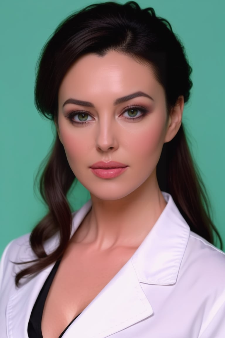 (((A masterpiece))), (((a glamourous photograph))) of Monica Bellucci dressed as a doctor in a medical lab, black_hair, hair_bun, green_eyes, makeup, long_eyelashes, (((white_lab_coat))), (((black_blouse))), (((plunging_neckline))), (((open_blouse))), big_breast, (((no_bra))), braless, (((cleavege))), (((decollete))), (((small_necklace))), black_miniskirt, nylon_stockings, low-heeled_shoes, clipboard, badge, pen in lab coat pocket, (((perfect composition))), perfect body proportions, (((ultra high detail))), 1girl, solo,MonicaBellucci,<lora:659095807385103906:1.0>