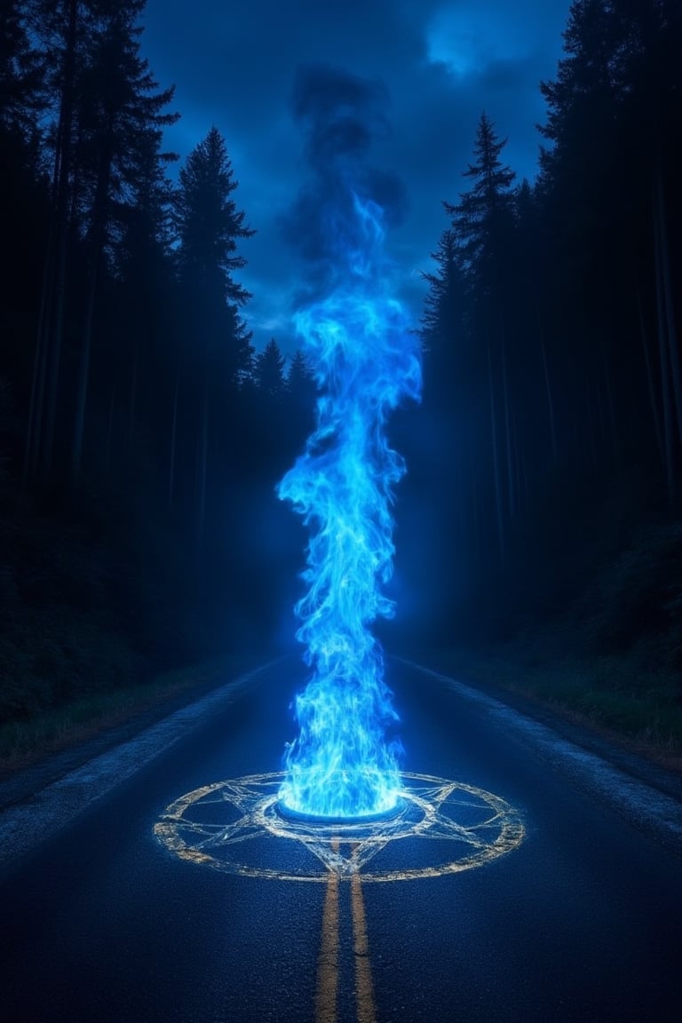 at night in the center of a road that runs straight towards a forest a blue flame emerges from a pentacle painted on the asphalt and stands tall towards the sky