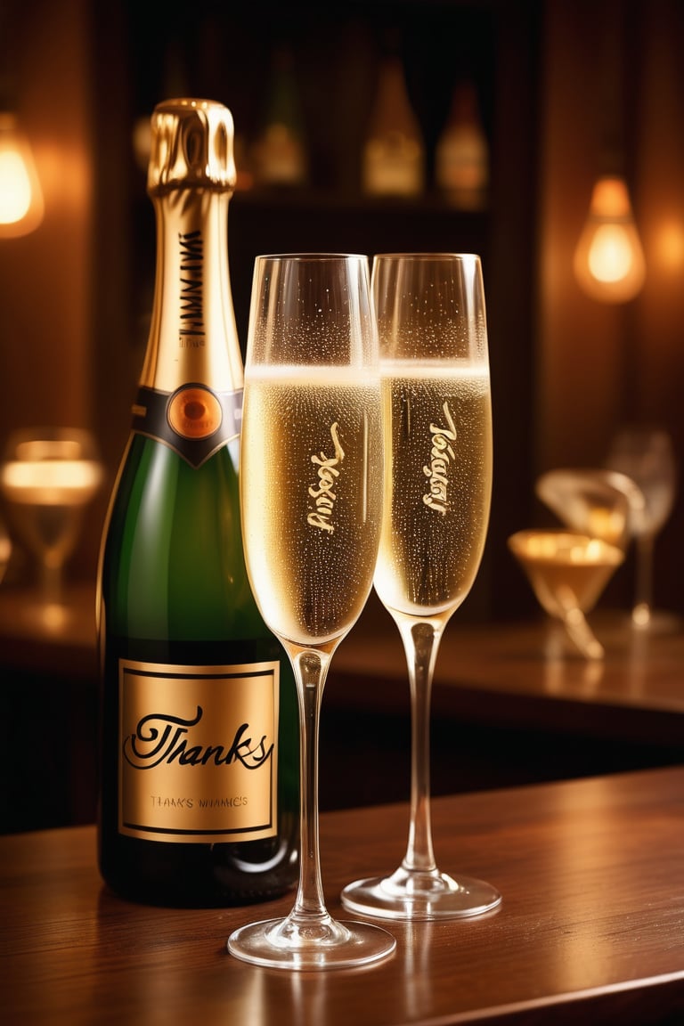 A golden-hued bottle of Champagne sits elegantly between two flutes on a richly grained wooden table, amidst the warm ambiance of a cozy bar. Soft lighting casts a gentle glow, illuminating the delicate curves of the glasses and the subtle condensation droplets on the bottle's surface. The text ((('Thanks for 1K Likes'))) appears in bold, modern script across the top third of the frame, adding a touch of whimsy to the otherwise sophisticated scene.