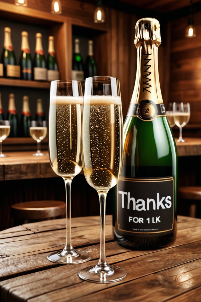 A photorealistic image of a bottle of Champagne with two glass on a wooden table in a cozy bar and the Text ((('Thanks for 1K'))),Text