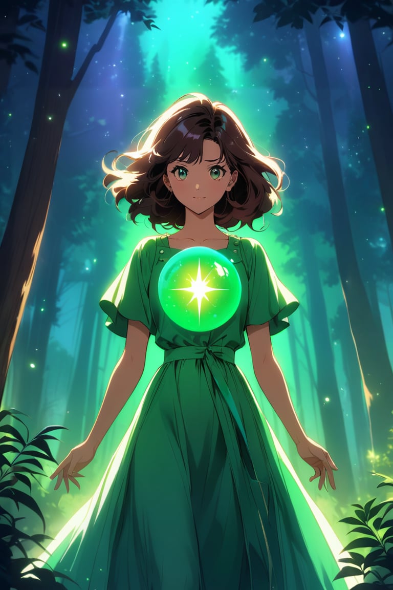 A young girl, her eyes wide open in wonder, wears an emerald green dress that blends in with the surrounding forest. Her brown hair, moved by the wind, frames a delicate and determined face.
A luminous sphere of energy emanates from her open hands. The sphere emits an intense glow, illuminating the scene and casting suggestive shadows on the surrounding trees.
In the background, a nocturnal forest, wrapped in a magical atmosphere. The trees, tall and majestic, stand out against a starry sky. Small fireflies dance among the branches,
The image must convey a sense of wonder, discovery and power. The colors should be bright and saturated, with a predominance of greens, blues and purples. The lights and shadows must create a suggestive contrast, emphasizing the magic of the scene.
A Disney cartoon from the 80s, with clean lines and bright colors. The image must have a soft and dreamy look, with a touch of romance inspired by the style of the cartoon "Robin Hood".