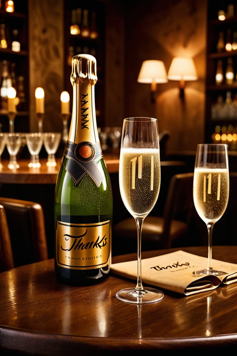 A golden-hued bottle of Champagne sits elegantly between two flutes on a richly grained wooden table, amidst the warm ambiance of a cozy bar. Soft lighting casts a gentle glow, illuminating the delicate curves of the glasses and the subtle condensation droplets on the bottle's surface. The text ((('Thanks for 1K'))) appears in bold, modern script across the top third of the frame, adding a touch of whimsy to the otherwise sophisticated scene.