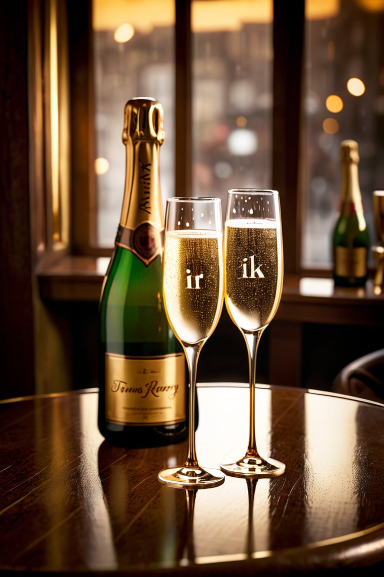 A golden-hued bottle of Champagne sits elegantly between two flutes on a richly grained wooden table, amidst the warm ambiance of a cozy bar. Soft lighting casts a gentle glow, illuminating the delicate curves of the glasses and the subtle condensation droplets on the bottle's surface. The text ((('Thanks for 1K Likes'))) appears in bold, modern script across the top third of the frame, adding a touch of whimsy to the otherwise sophisticated scene.