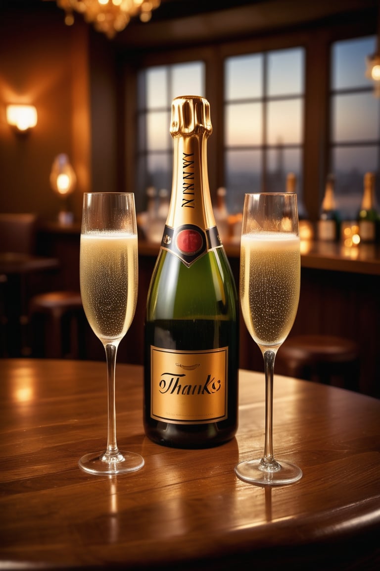 A golden-hued bottle of Champagne sits elegantly between two flutes on a richly grained wooden table, amidst the warm ambiance of a cozy bar. Soft lighting casts a gentle glow, illuminating the delicate curves of the glasses and the subtle condensation droplets on the bottle's surface. The text ((('Thanks for 1K Likes'))) appears in bold, modern script across the top third of the frame, adding a touch of whimsy to the otherwise sophisticated scene.