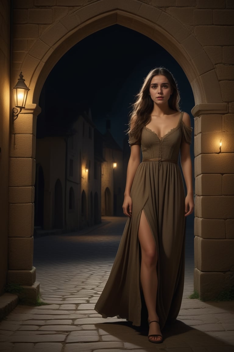 a beautiful frightened young woman is hiding behind an archway in a medieval town at night. she is dressed in a dirty old long dress, it is torn in places and she is not wearing shoes. she has long brown hair and brown eyes, her feet are dirty. Dynamic pose, masterpiece, 8k, uhd, high definition, ,<lora:659095807385103906:1.0>